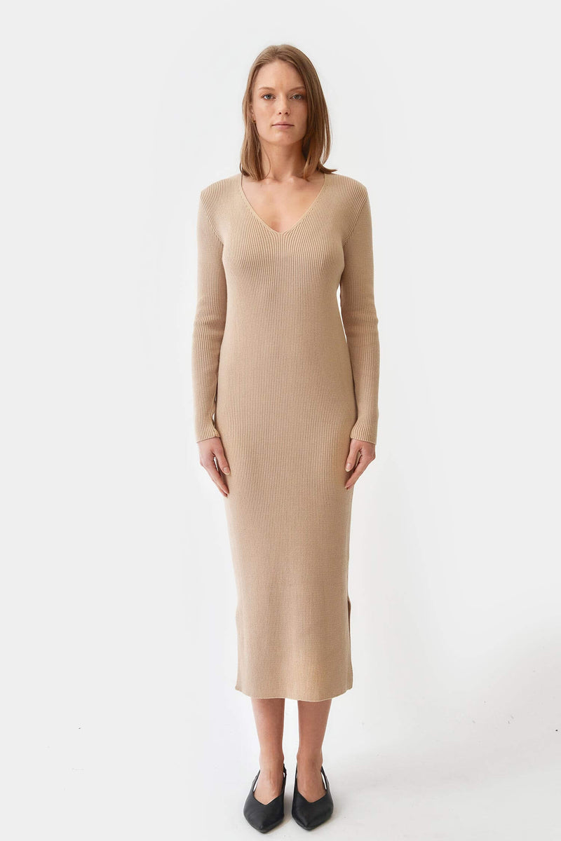 Mila.Vert Knitted Organic Cotton Long Sleeved V-neck Dress | Multiple Colours