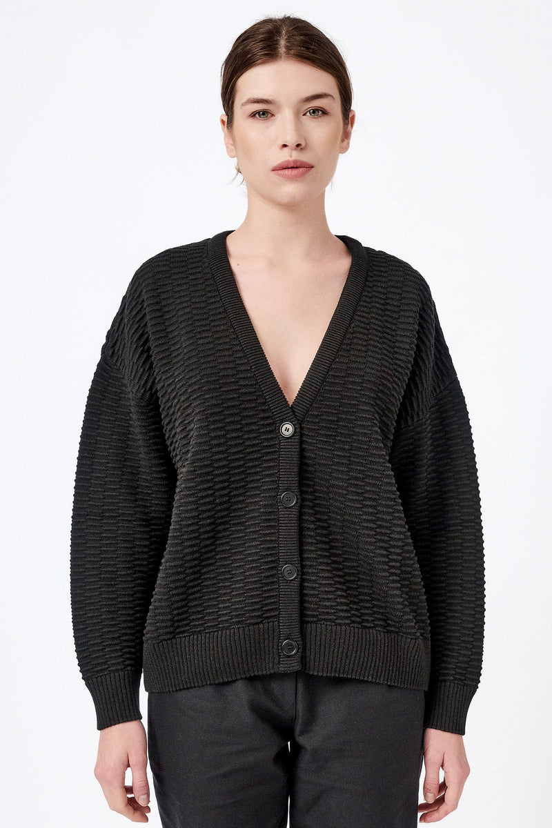 Mila.Vert Knitted Organic Cotton Relief Button-down Cardigan | Multiple Colours L / Black