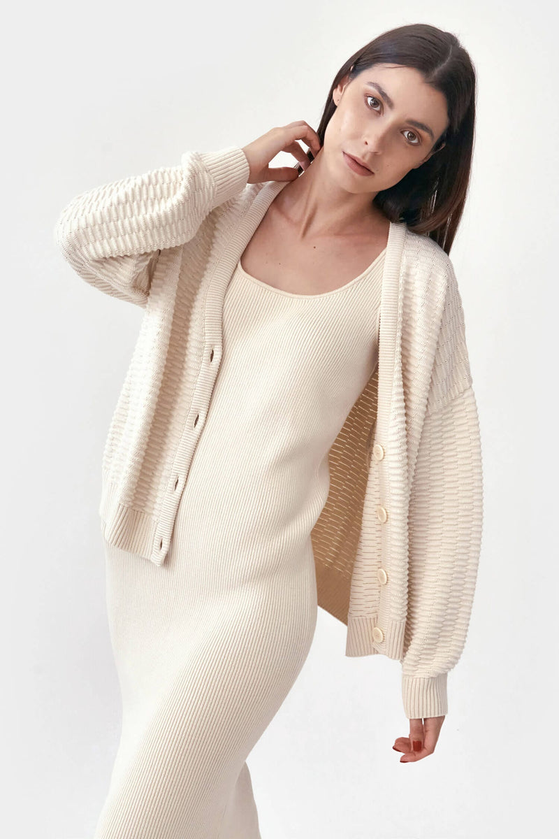 Mila.Vert Knitted Organic Cotton Relief Button-down Cardigan | Multiple Colours M / Cream