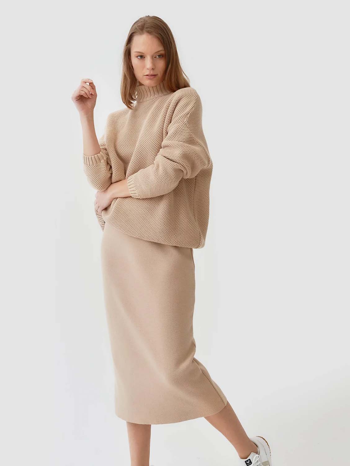 Mila.Vert Knitted Organic Cotton Straight Skirt | Multiple Colours Sand / UK10 / EU38 / US6