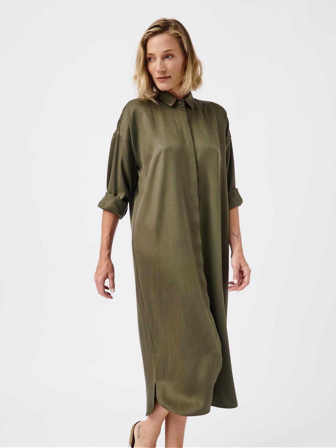 Mila.Vert Long Tencel Shirt Dress | Multiple Colours XS / Olive green