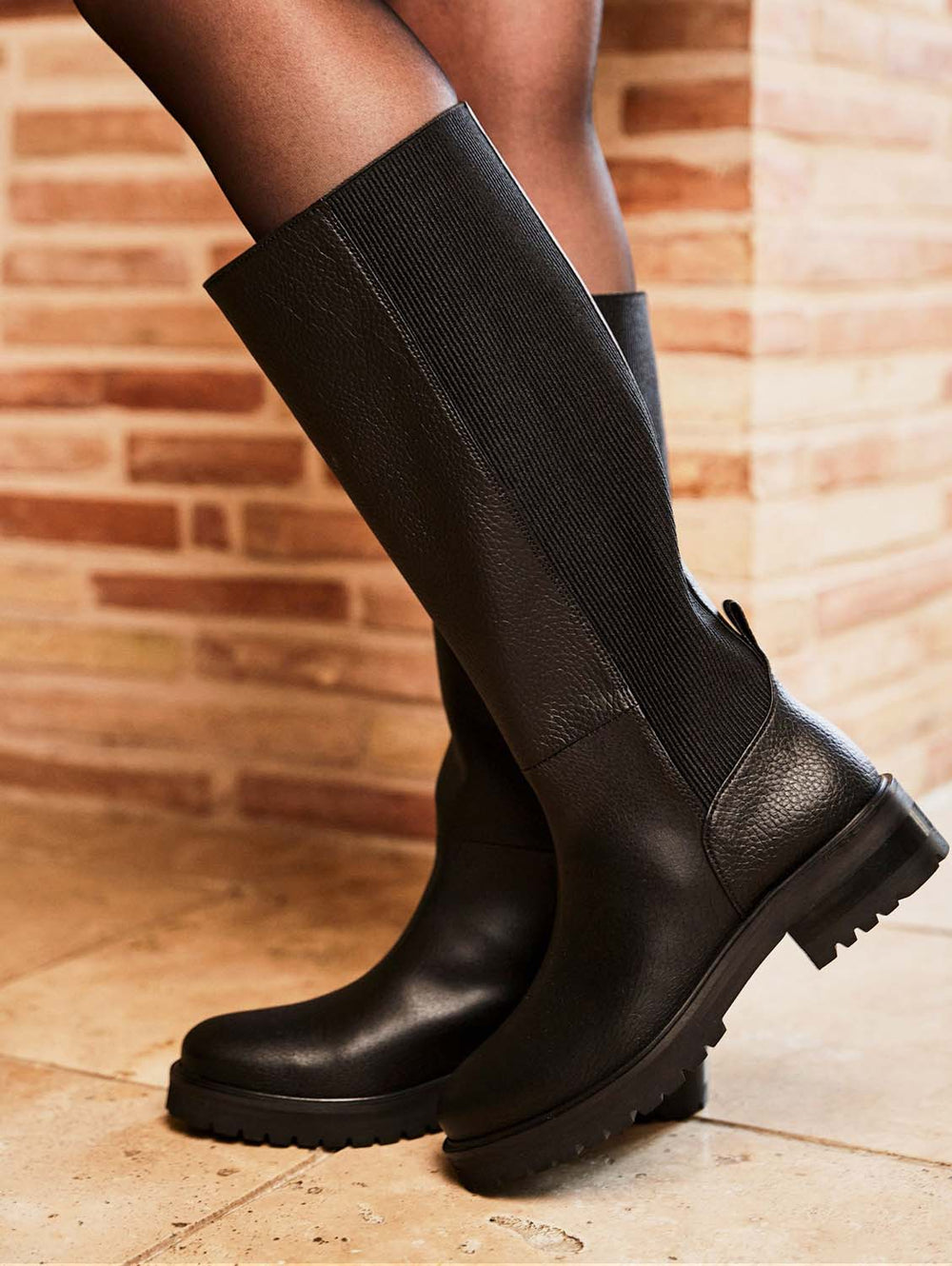 Black leather calf length boots best sale