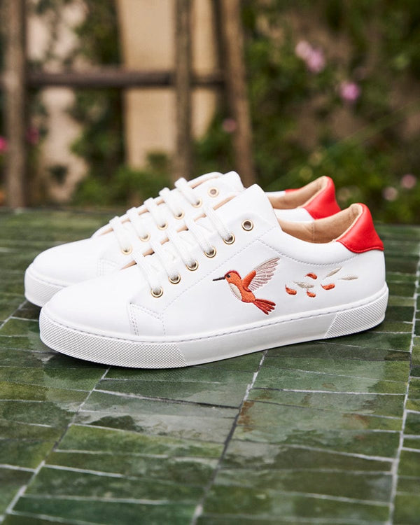Minuit sur Terre Virevolte Recycled Grain Leather Embroidered Vegan Trainers | Red Hummingbird