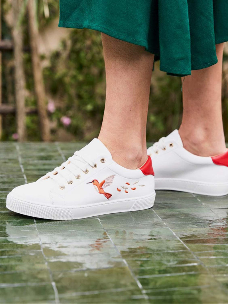 Minuit sur Terre Virevolte Recycled Grain Leather Embroidered Vegan Trainers | Red Hummingbird