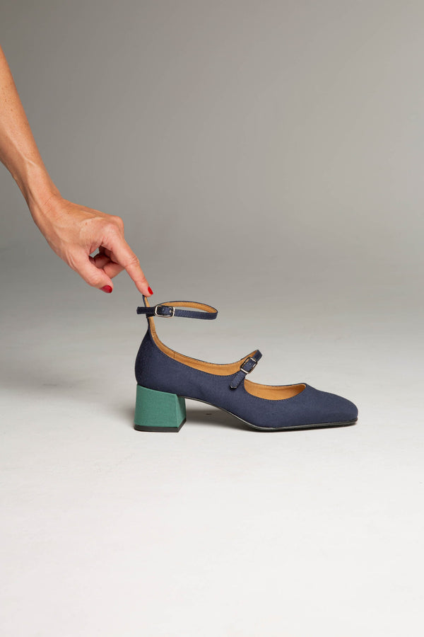 MOMOC Vegan Suede Mid Heeled Pumps | Black & Green