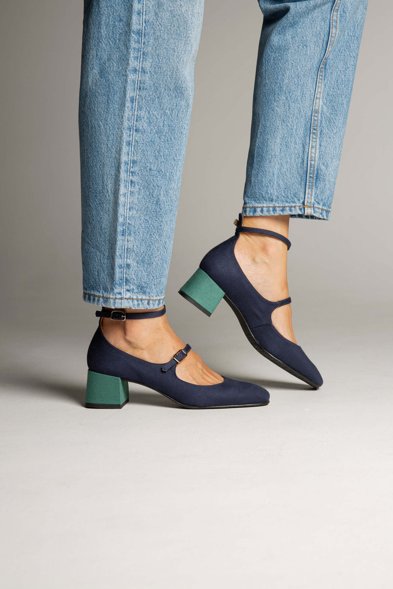 MOMOC Vegan Suede Mid Heeled Pumps | Black & Green