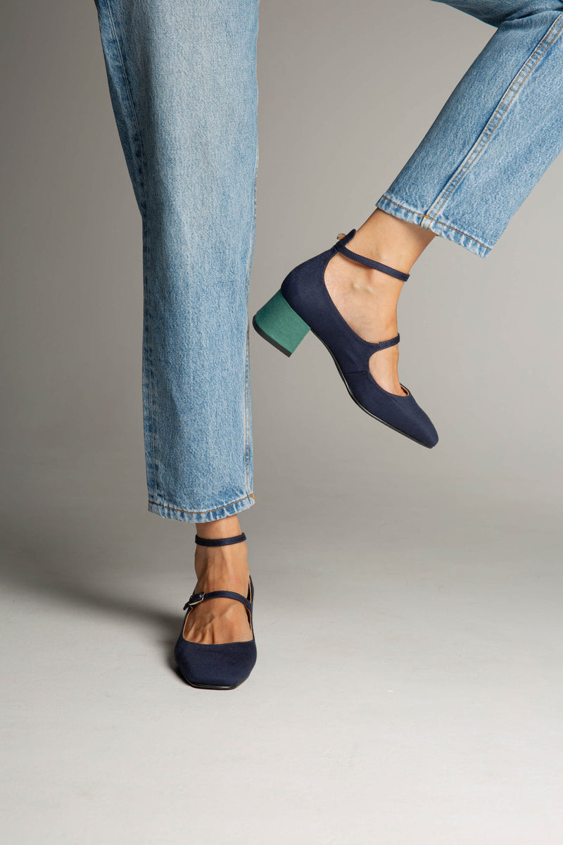 MOMOC Vegan Suede Mid Heeled Pumps | Black & Green