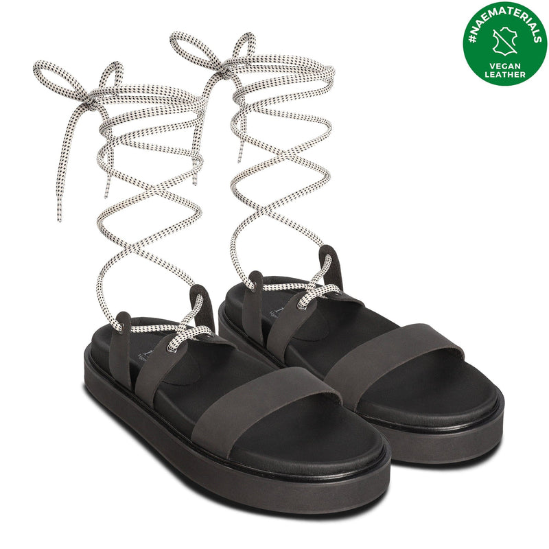 NAE Vegan Shoes Acacia Black Vegan Flat, cushioned sandals with cords