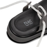 NAE Vegan Shoes Acacia Black Vegan Flat, cushioned sandals with cords
