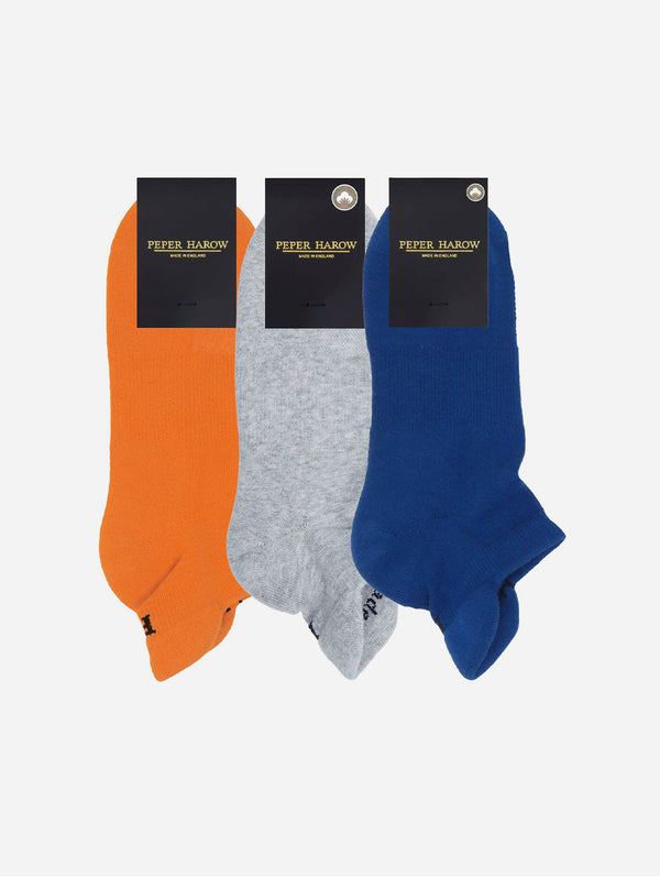 Men’s Organic Cotton Sport Trainer Sock 3 Pack | Orange, Grey and Blue