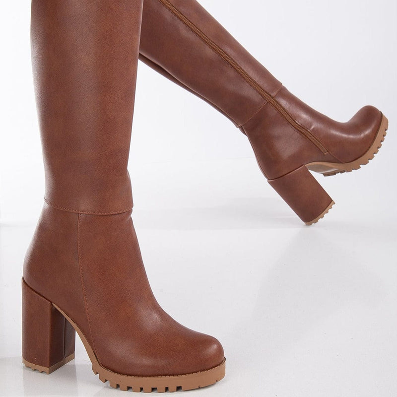 Prologue Shoes Alize - Cognac Brown Wide Calf Platform Boots