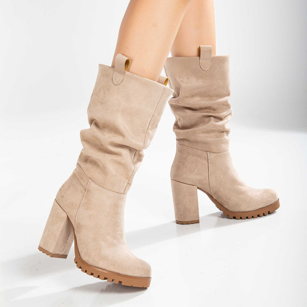 Prologue Shoes Anais - Beige Suede Slouch Platform Boots