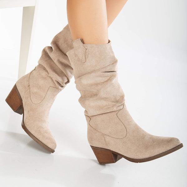 Prologue Shoes Bonnie - Beige Suede Slouch Western Boots