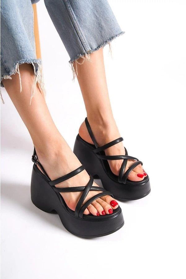 Prologue Shoes Diana Women's Strappy Chunky Wedge Sandals | Black