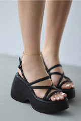 Prologue Shoes Diana Women's Strappy Chunky Wedge Sandals | Black