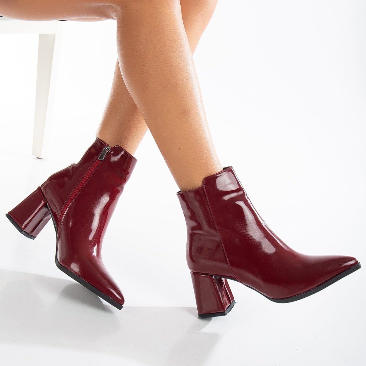 Edith Patent Vegan Leather Ankle Boots Burgundy