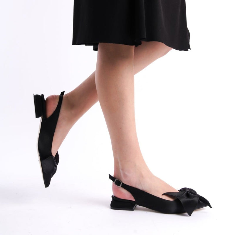 Prologue Shoes Lola - Black Satin Flats with Bow