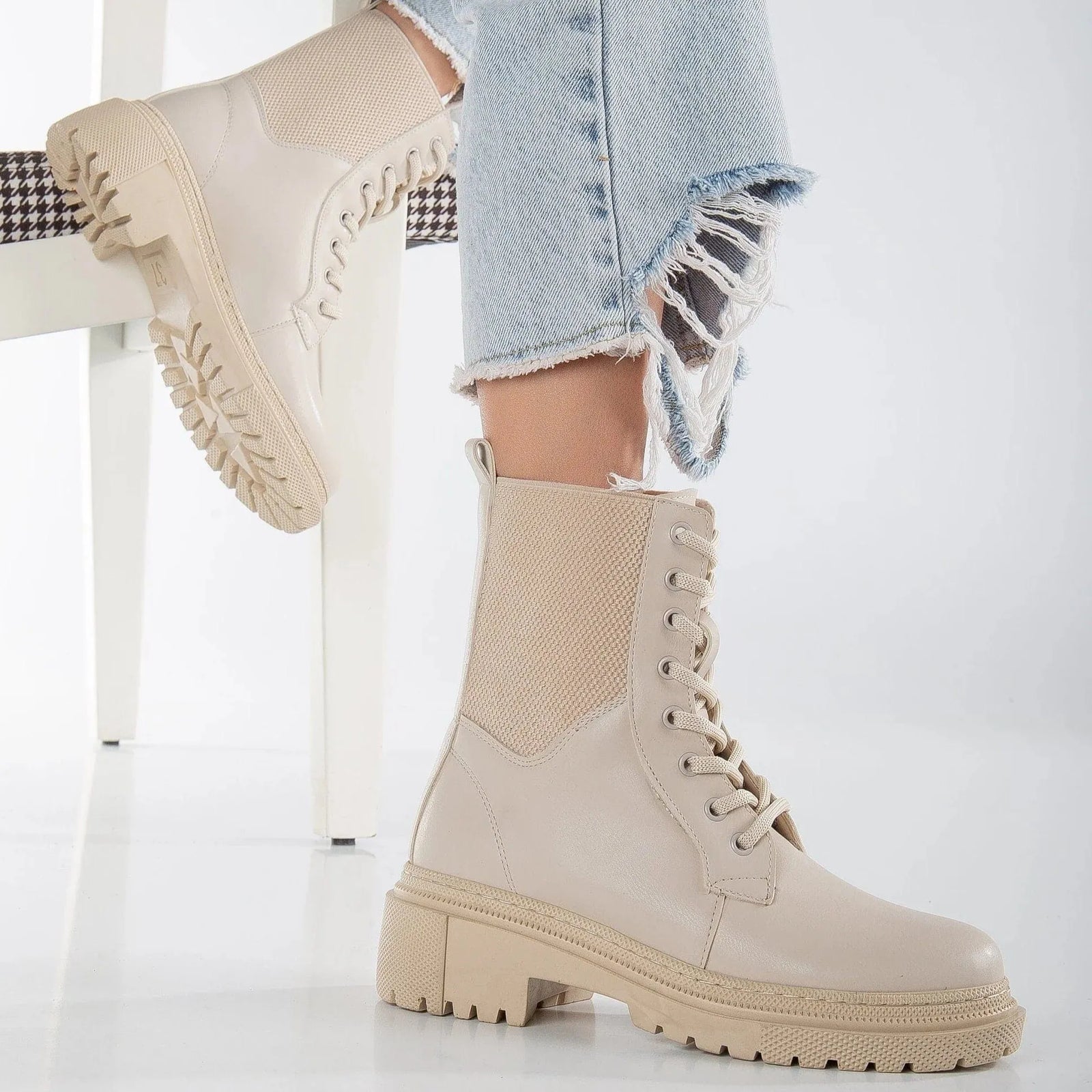 Prologue Shoes Mallory Vegan Leather Combat Lace Up Boots Beige