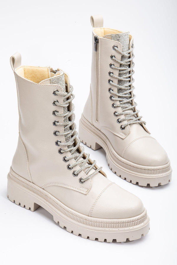 Prologue Shoes Selene - Beige Combat Boots with Glitter