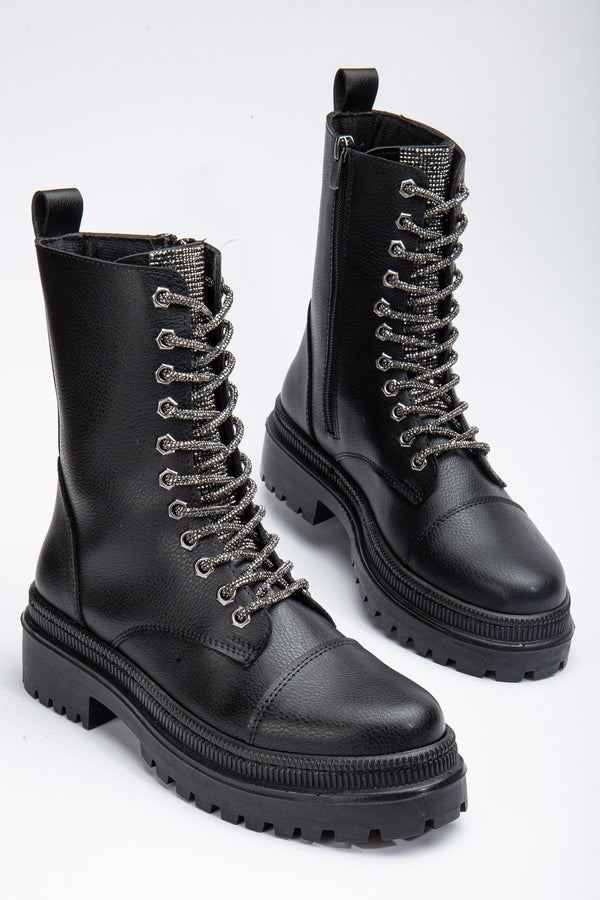 Prologue Shoes Selene - Black Combat Boots with Glitter