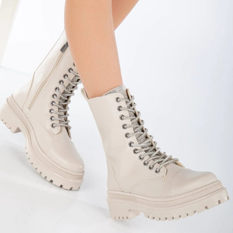 Prologue Shoes Selene Vegan Leather Glitter Lace Up Combat Boots | Beige