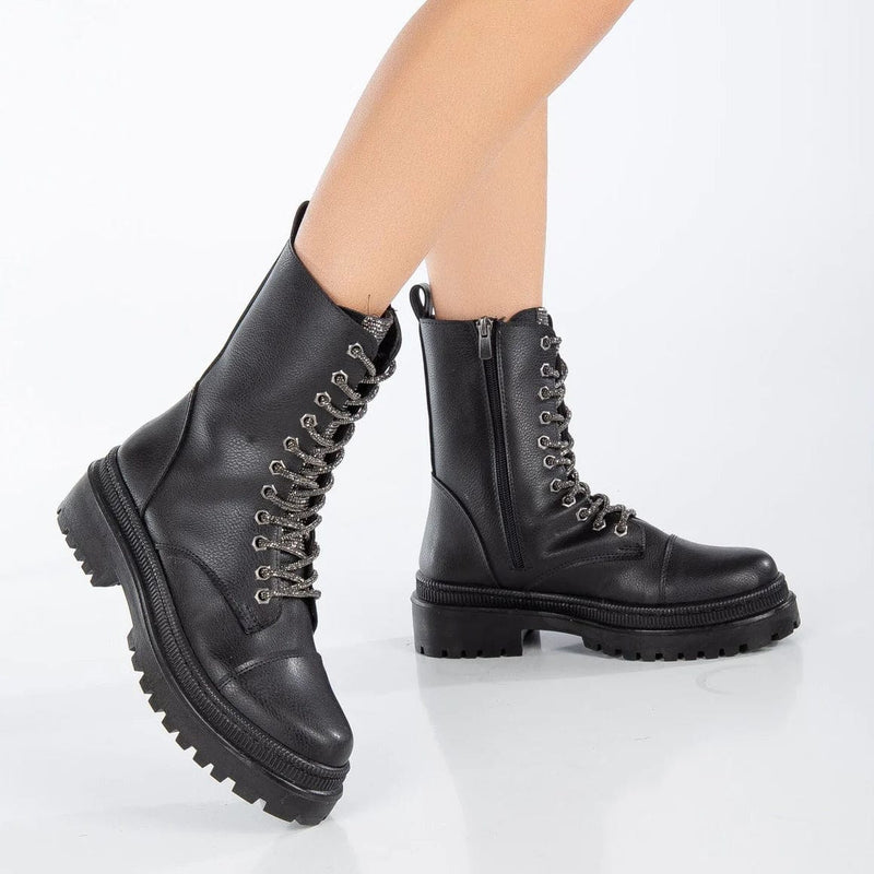 Prologue Shoes Selene Vegan Leather Glitter Lace Up Combat Boots | Black