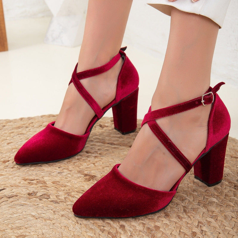 Prologue Shoes Sina - Dark Red Velvet Heels, Burgundy Velvet Shoes