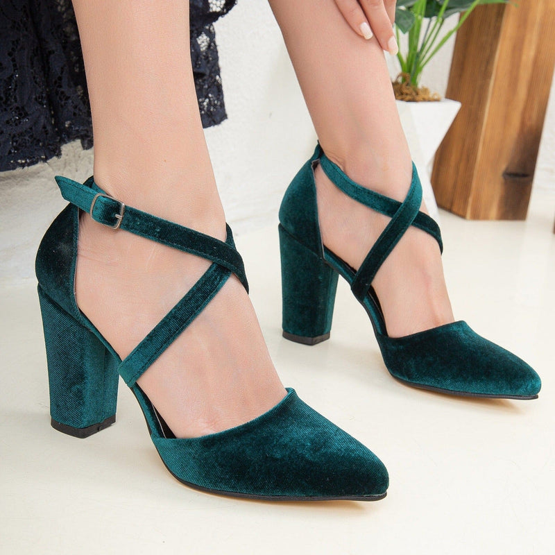 Prologue Shoes Sina - Green Velvet Criss Cross Heels