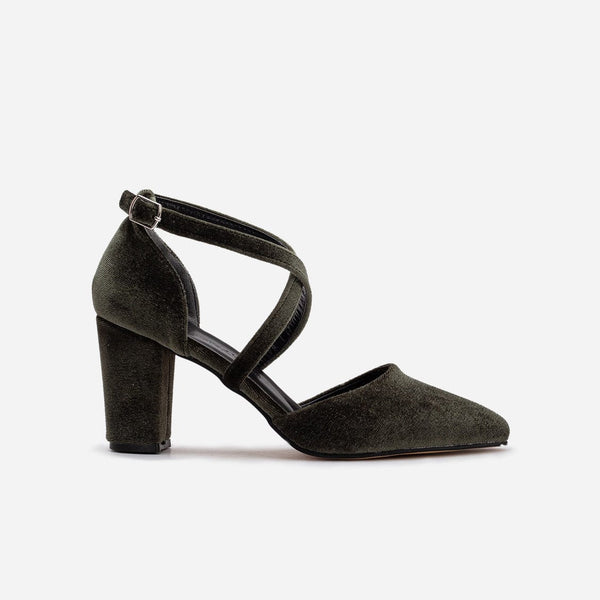 Prologue Shoes Sina Vegan Velvet Strappy Heels Olive Green