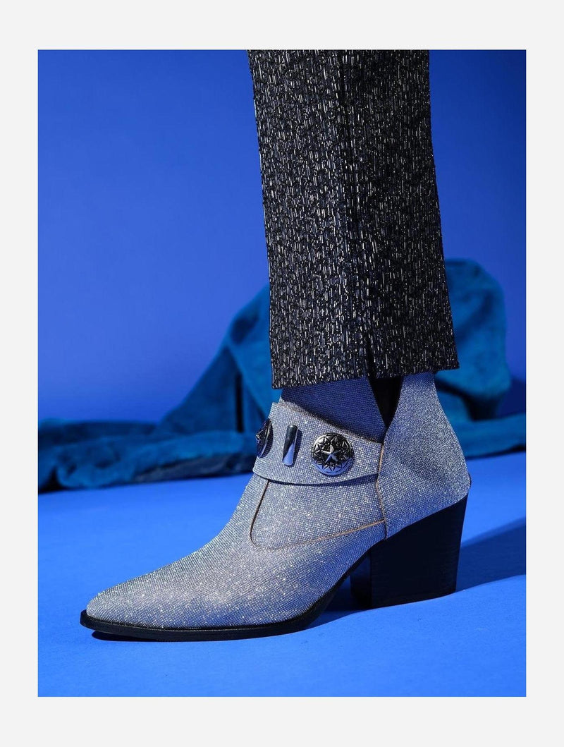 Prologue Shoes Kenda Silver Glitter Buckle Block Heel Boot (Women)