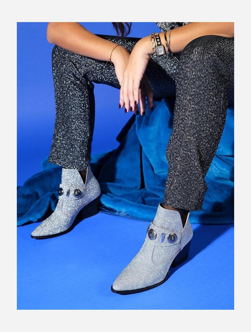 Prologue Shoes Kenda Silver Glitter Buckle Block Heel Boot (Women)