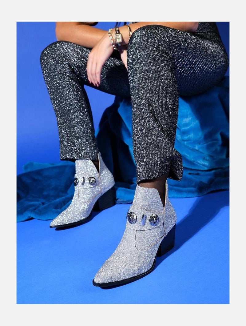 Prologue Shoes Kenda Silver Glitter Buckle Block Heel Boot (Women)
