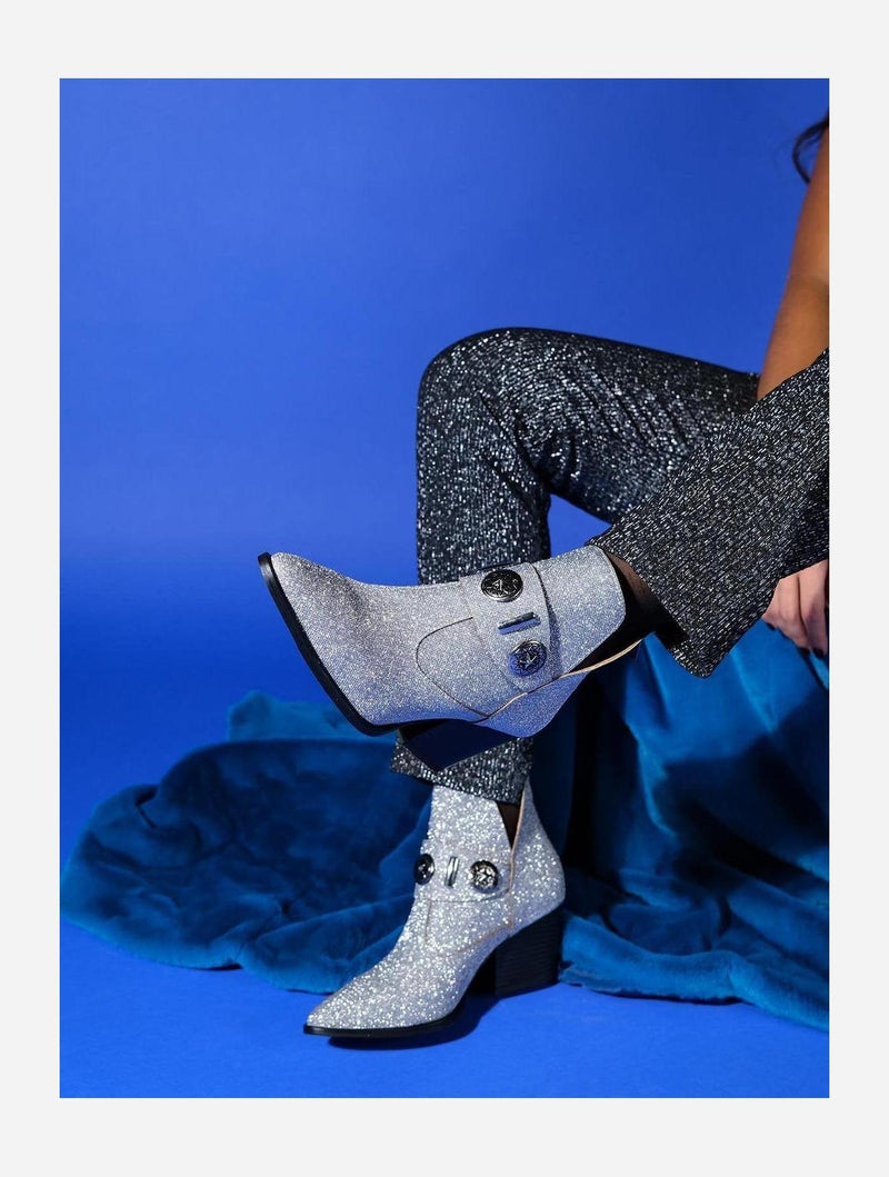 Prologue Shoes Kenda Silver Glitter Buckle Block Heel Boot (Women)