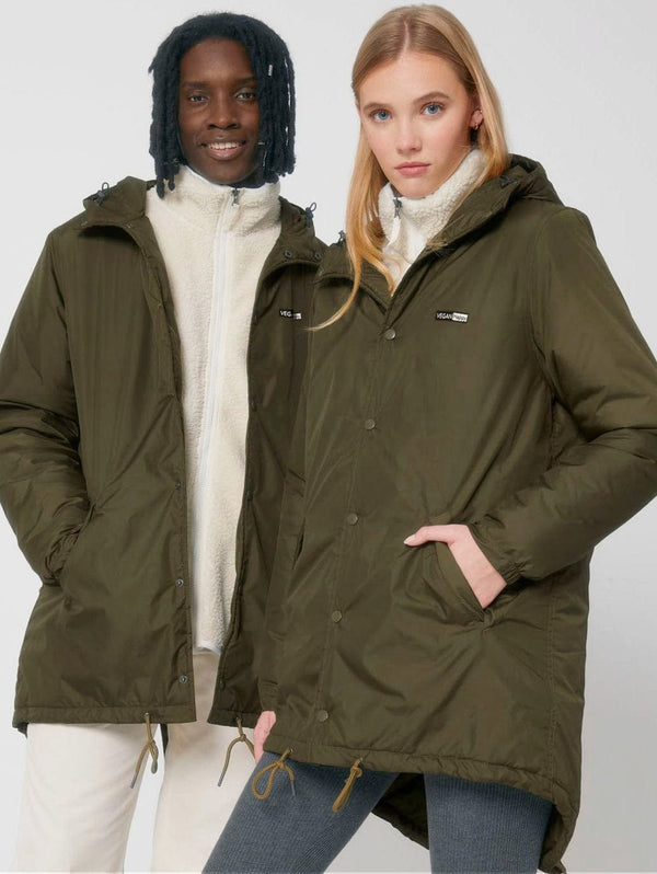 VEGAN Happy Vegan Happy Unisex Padded Parka Jacket | Multiple Colours British Khaki / XXS