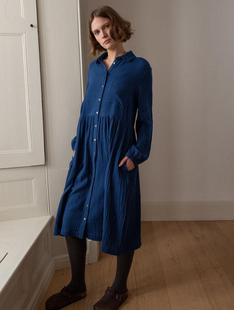 Bea Women's Cotton Shirt Dress| Petrol Blue & Black Gingham