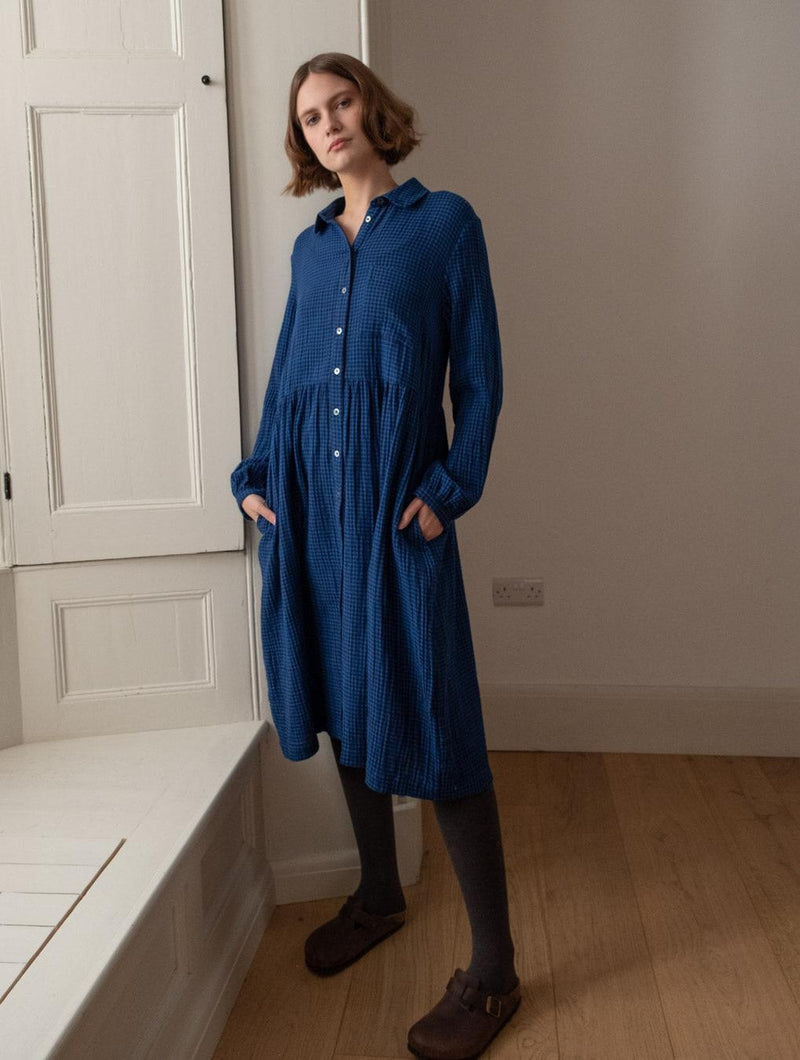 Bea Women's Cotton Shirt Dress| Petrol Blue & Black Gingham