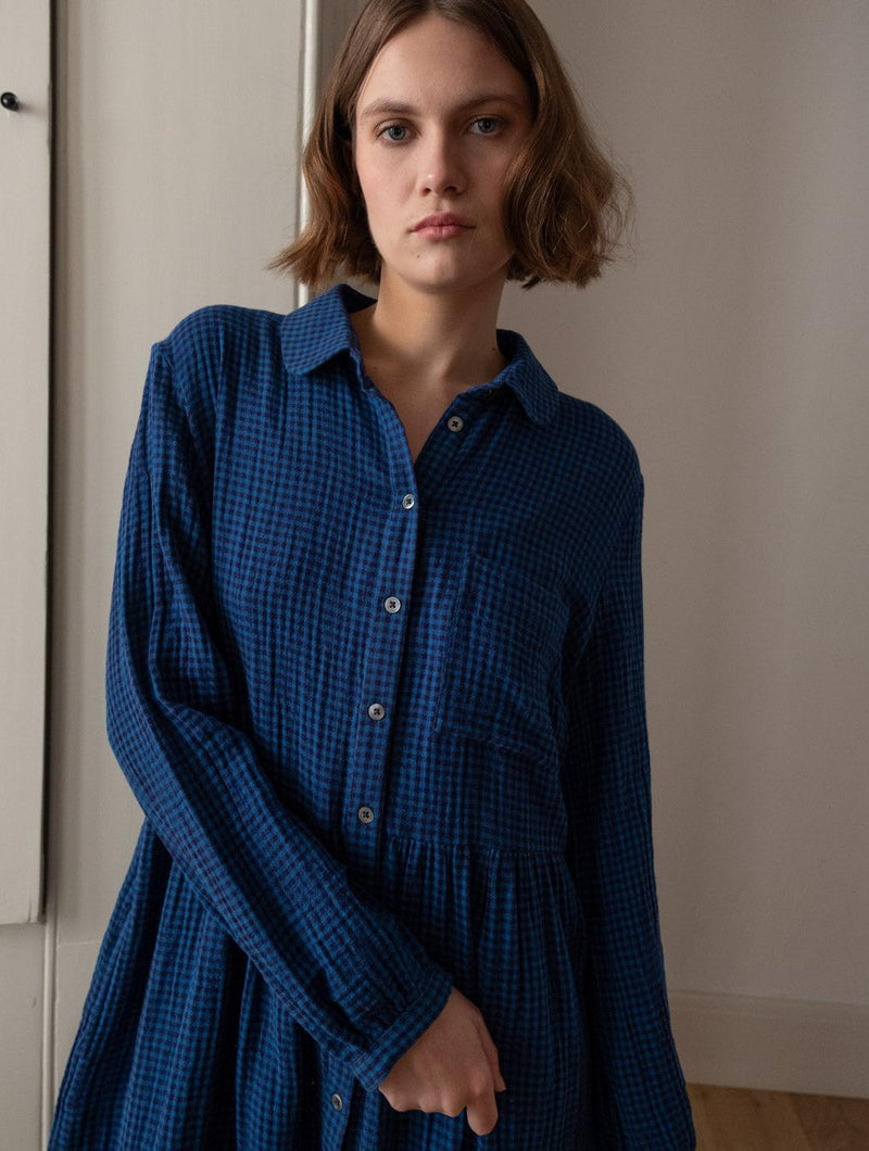 Bea Women's Cotton Shirt Dress| Petrol Blue & Black Gingham