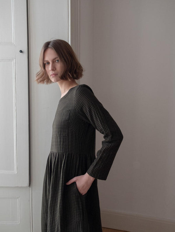 Orla Women's Cotton Day Dress | Olive Green & Black Gingham