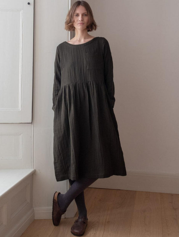 Orla Women's Cotton Day Dress | Olive Green & Black Gingham