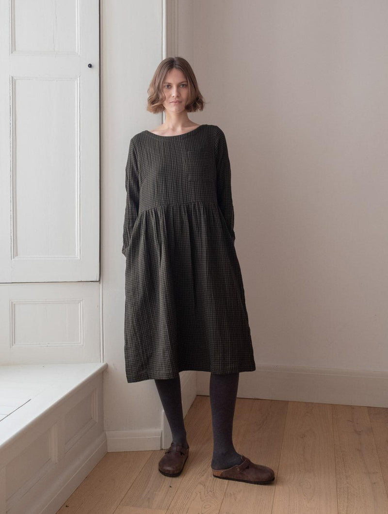 Orla Women's Cotton Day Dress | Olive Green & Black Gingham