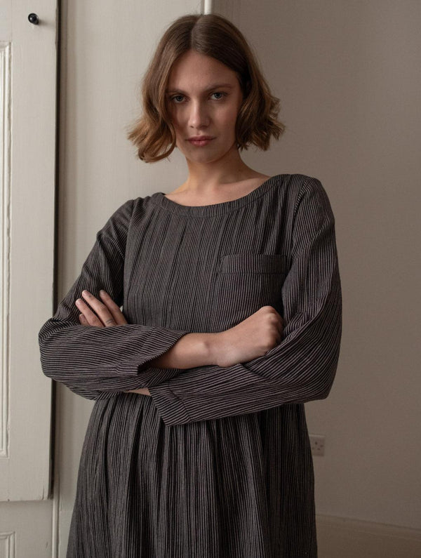Orla Women's Cotton Day Dress | Black & Grey Pinstripe