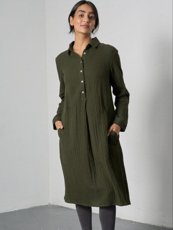Alexa Women's Cotton Shirt Dress | Olive Green & Black Gingham