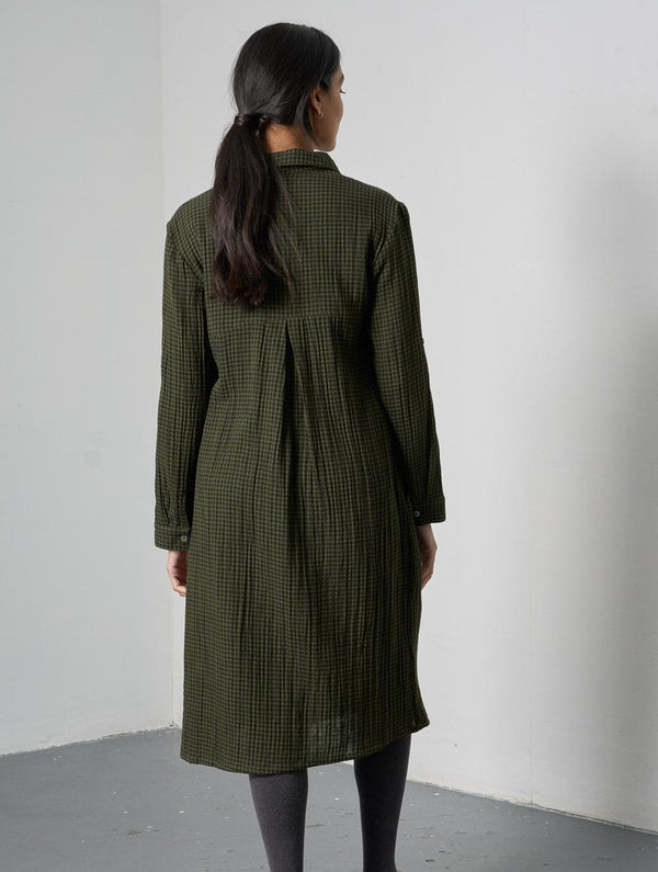 Alexa Women's Cotton Shirt Dress | Olive Green & Black Gingham