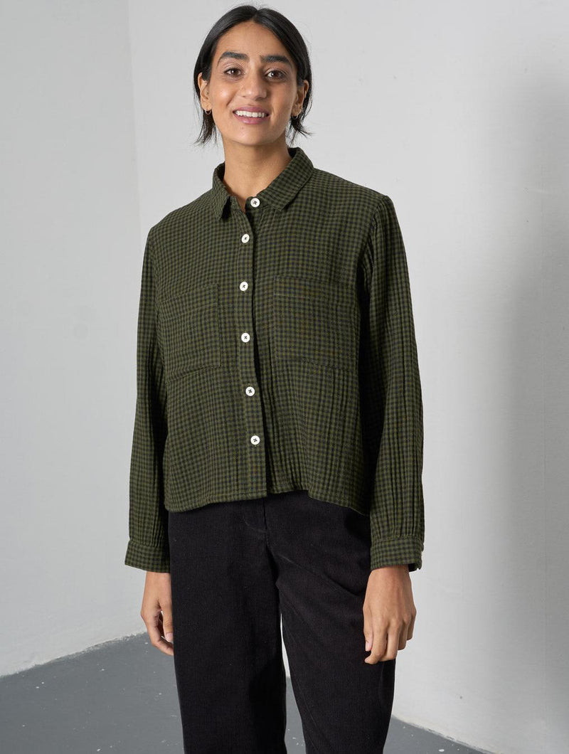 Ada Women's Cropped Cotton Blouse | Olive Green & Black Gingham