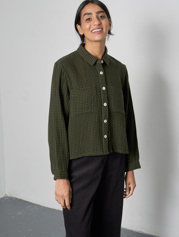 Ada Women's Cropped Cotton Blouse | Olive Green & Black Gingham
