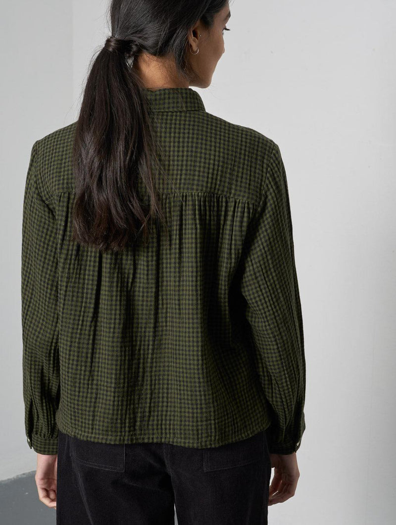 Ada Women's Cropped Cotton Blouse | Olive Green & Black Gingham