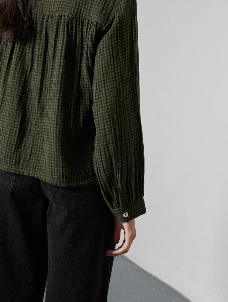 Ada Women's Cropped Cotton Blouse | Olive Green & Black Gingham