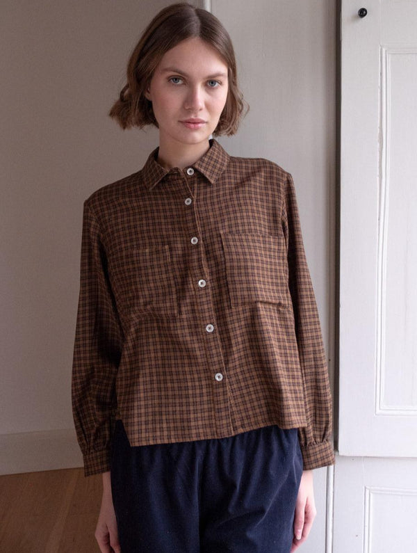 Ada Women's Cropped Cotton Blouse | Black & Brown Gingham