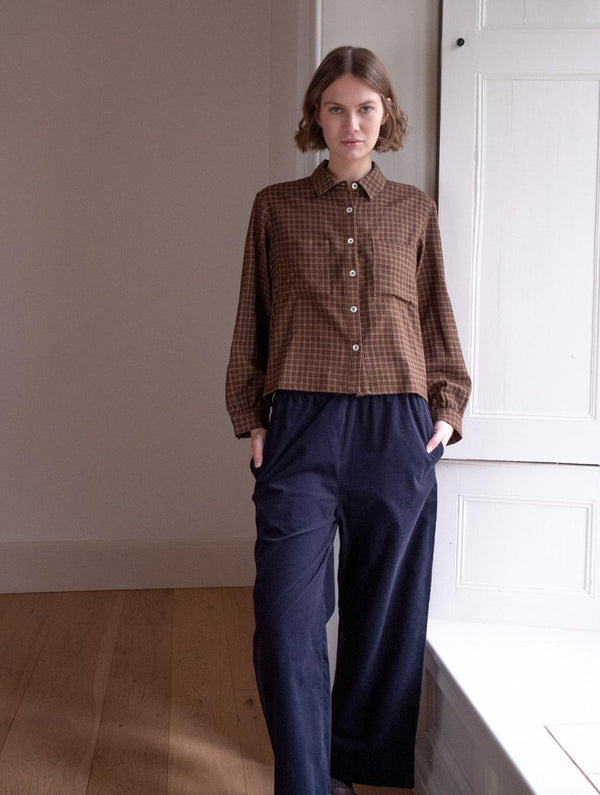 Ada Women's Cropped Cotton Blouse | Black & Brown Gingham