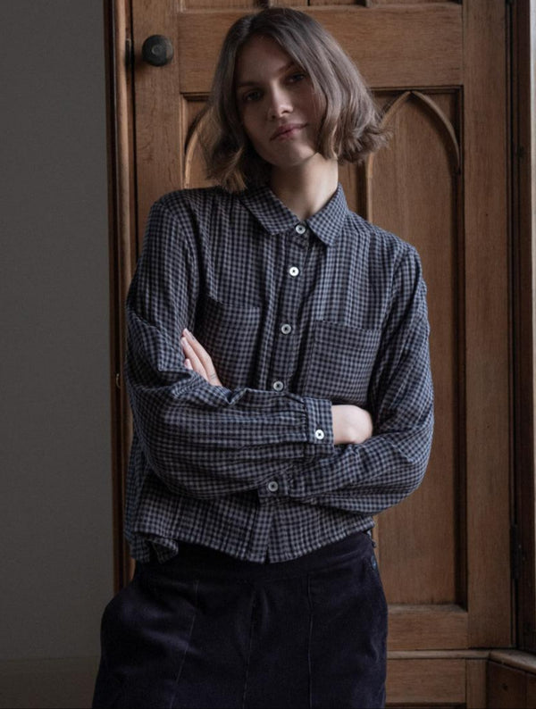 Ada Women's Cropped Cotton Blouse | Black & Grey Gingham